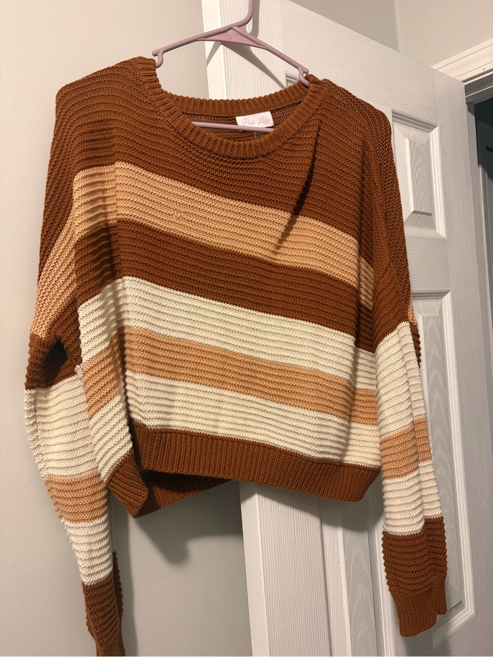 Pink Lily Striped Cropped Knit Sweater in Brown & Cream